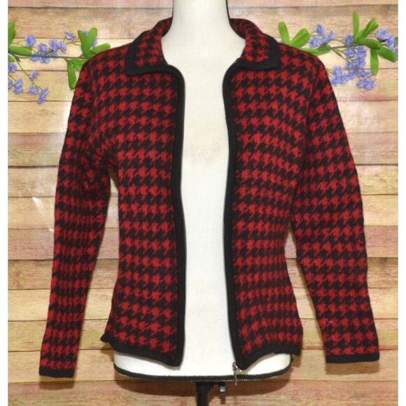 Paul Harris 100% Wool Red Houndstooth Full Zip Cardigan Sweater Size M Retro - Picture 7 of 10